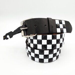 Black & White Metal Studded Leather Belt Unisex 3-Rows Metal Pyramid Size Large